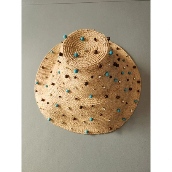 NWD Lele Sadoughi Turquoise Embellished Straw Sun Hat Natural One Size - Picture 2 of 13